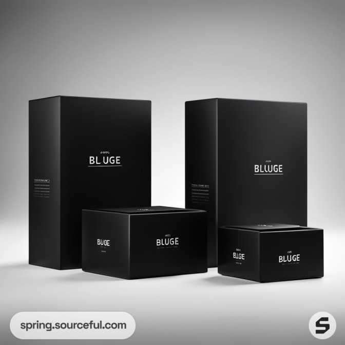Minimalist black packaging with white text, multiple sizes.