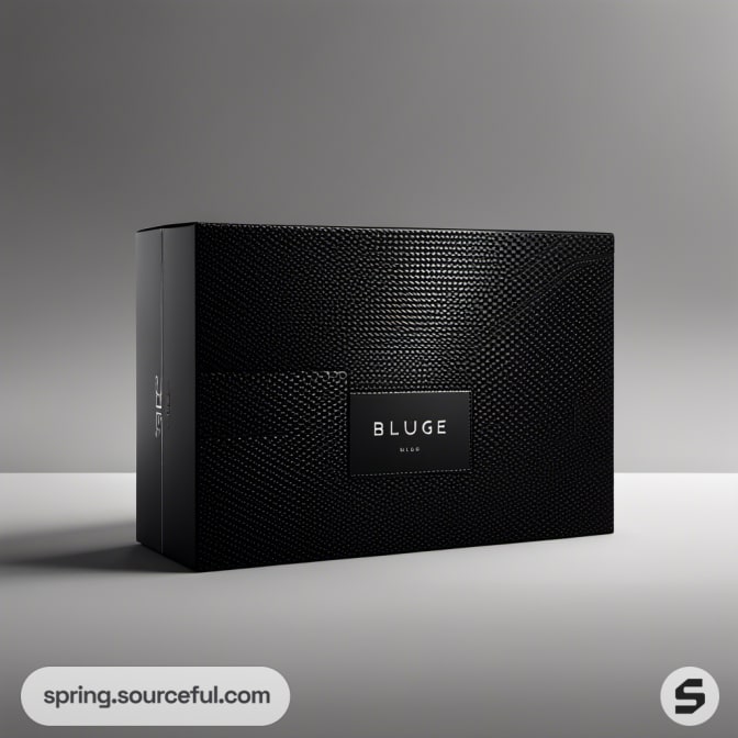 Textured black box with subtle branding on gray background.