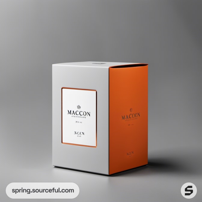 Luxury two-tone white and orange box with embossed text.