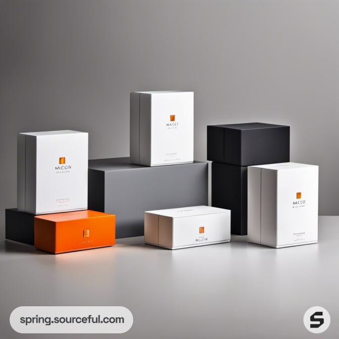 Assorted geometric boxes in white, orange, and black on a table.