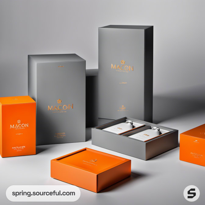 Elegant box set with orange lids and dark grey bodies.