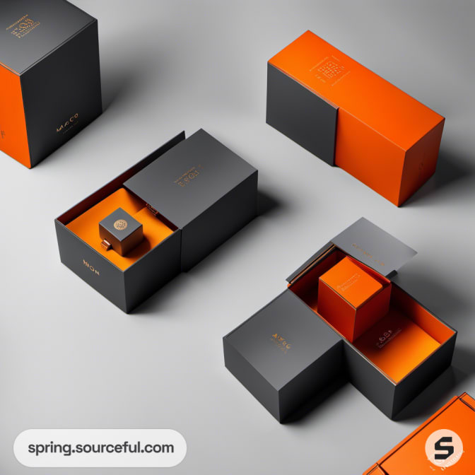 Geometric box set with sliding lids, in grey and orange.