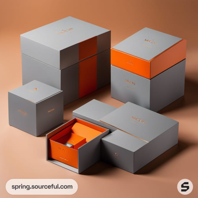 Variety of grey and orange boxes with contrasting lids.