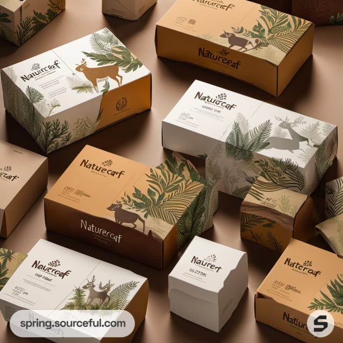 Nature-themed packaging boxes with botanical prints and earthy colors on a beige background.