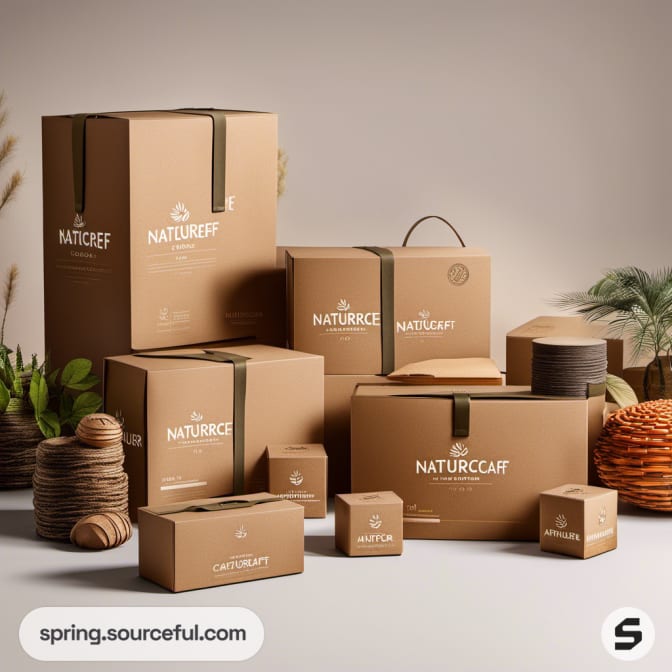 Recyclable brown packaging boxes with leafy designs and minimalistic style on a soft background.