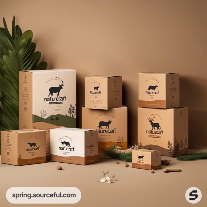 Selection of cardboard boxes with forest animal graphics in natural colors on a light background.