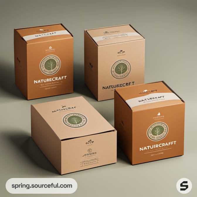 Square and rectangular boxes with leaf insignia on earthy-colored backgrounds.