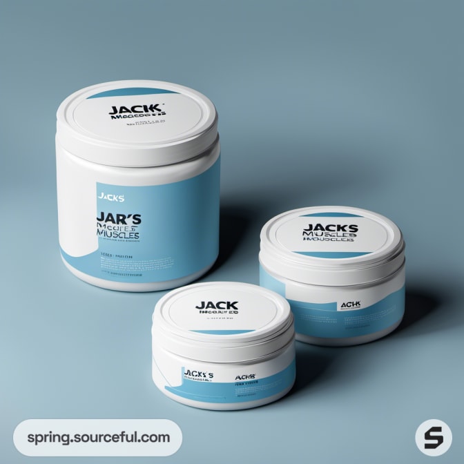 Three round white jars with blue labels on a blue background.