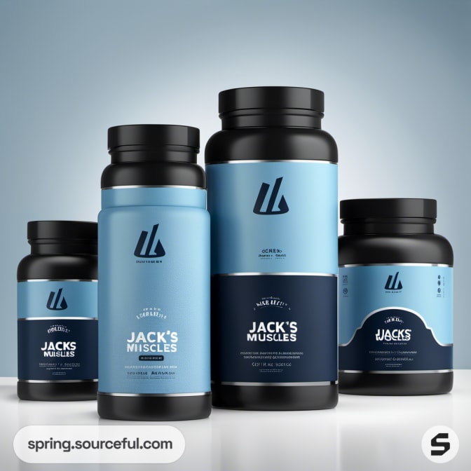 Set of four black and blue jars with blue labels on a light blue background.