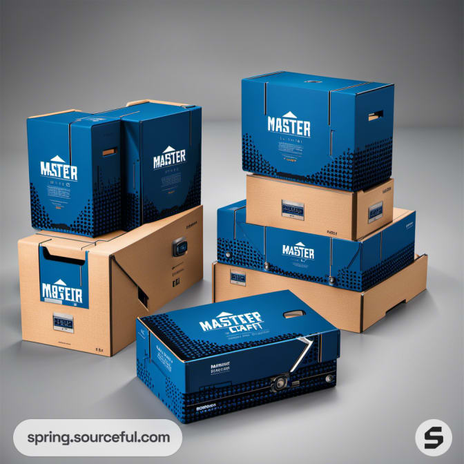 Stacked blue and tan packaging boxes with a textured surface.