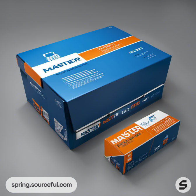 Box packaging with blue and orange design on grey background.