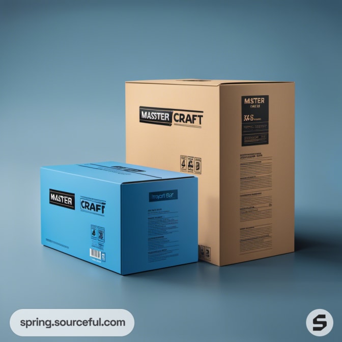 Tan and blue boxes with bold text on blue background.