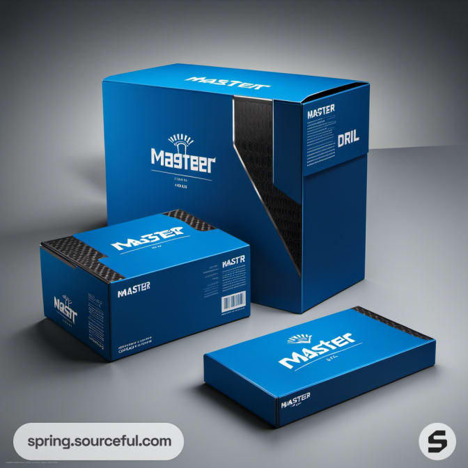 Blue packaging with geometric design and text on grey background.