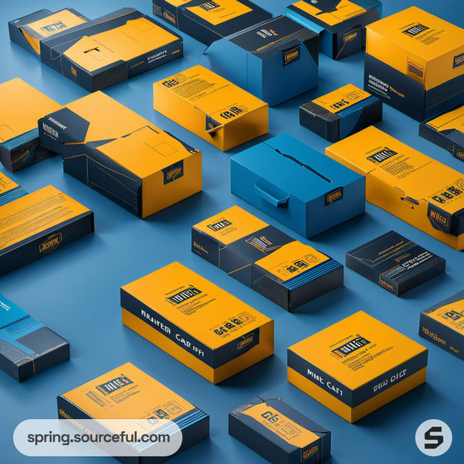 Assorted yellow and blue packaging boxes on blue background.