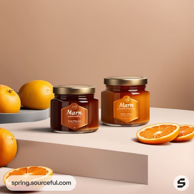 Two jars of marmalade with sliced oranges on a beige background.