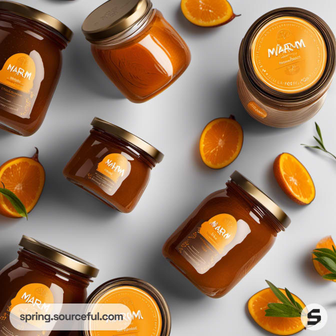 Top view of assorted marmalade jars with fresh orange slices.