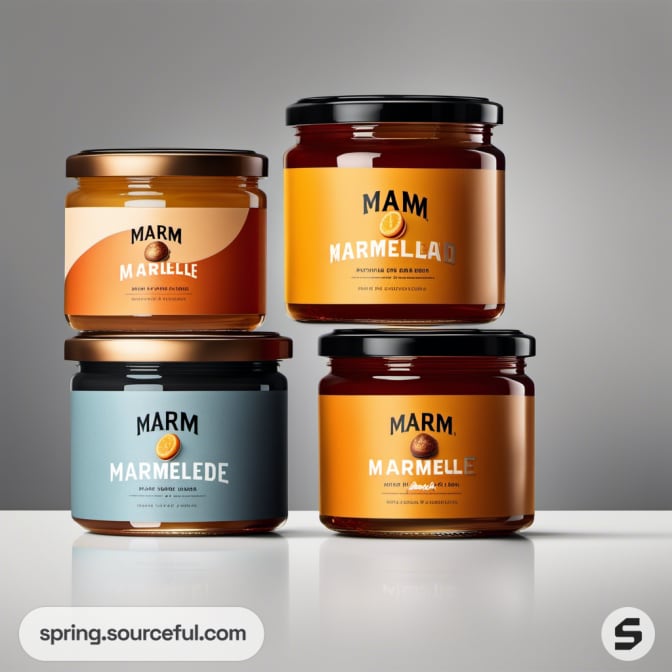 Four marmalade jars in different designs on a white surface.