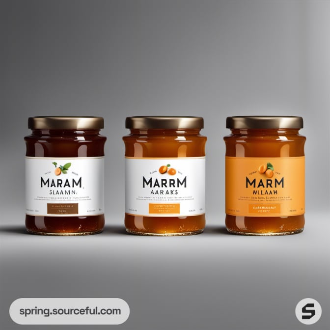Three marmalade jars with minimalist labels on a gray background.
