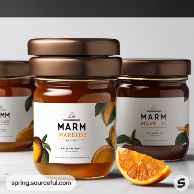 Close-up of marmalade jars with orange slices and stylish labels.