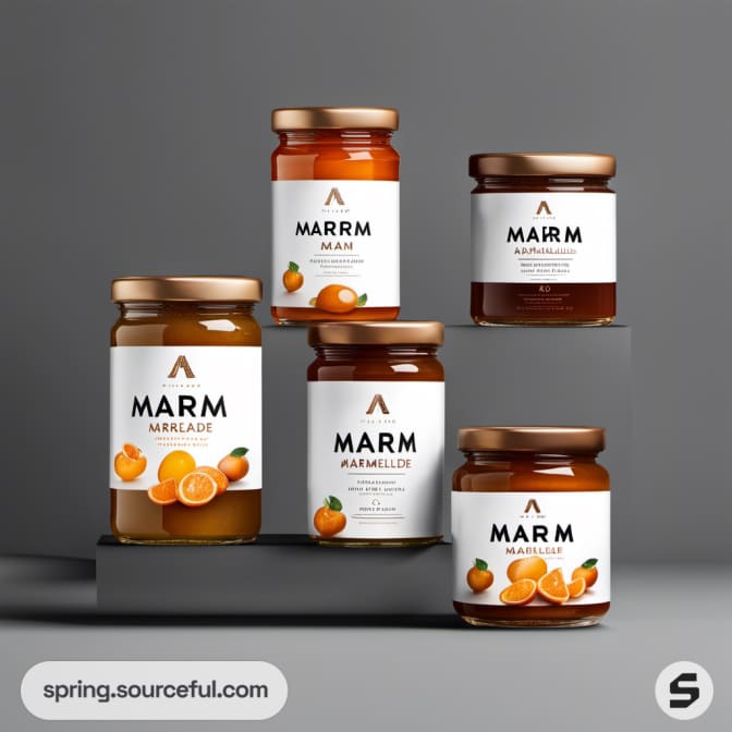 Assorted marmalade jars arranged on tiered gray platforms.