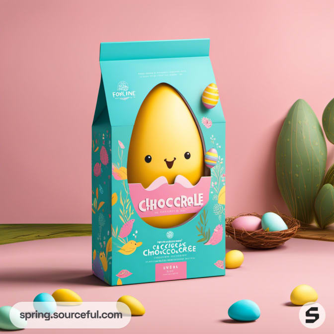 Turquoise Easter package with a cute egg-shaped character on pink background.