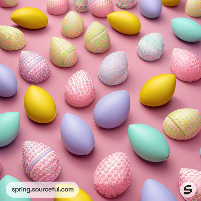 Patterned egg-shaped decorations in pastel colors on a pink background.