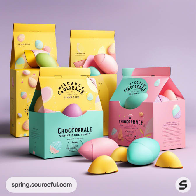 Assorted pastel boxes with colorful egg designs and 'Choccorale' labels.