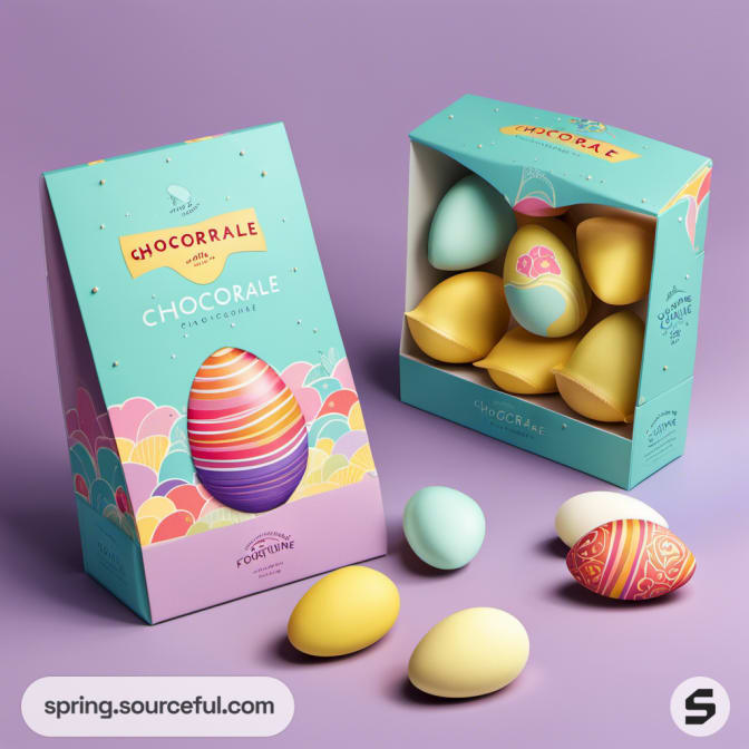 Colorful Easter packages with egg motifs on a purple backdrop.