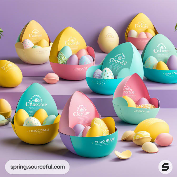 Assorted pastel egg-shaped containers with intricate designs.