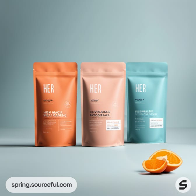 Three resealable pouches in orange, peach, and teal with citrus fruit accents.