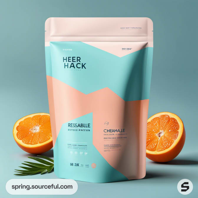 Teal resealable pouch with orange slices and palm leaves, geometric design.