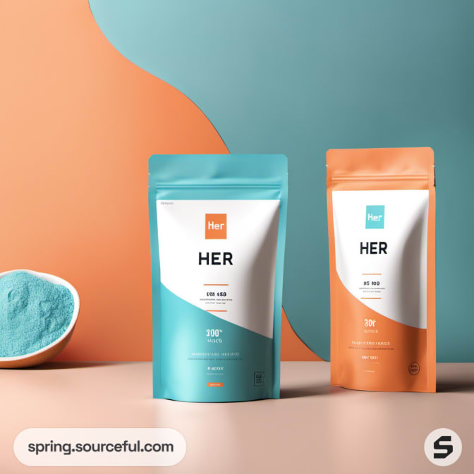 Two pouches in teal and orange, with a bowl of powder, on a two-tone background.