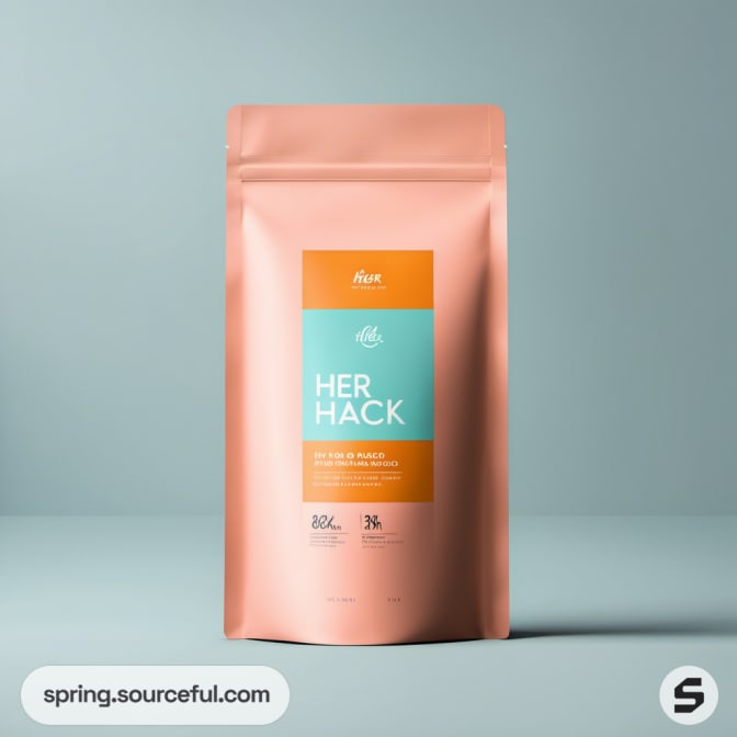 Single peach-colored resealable pouch with teal label on a gradient background.