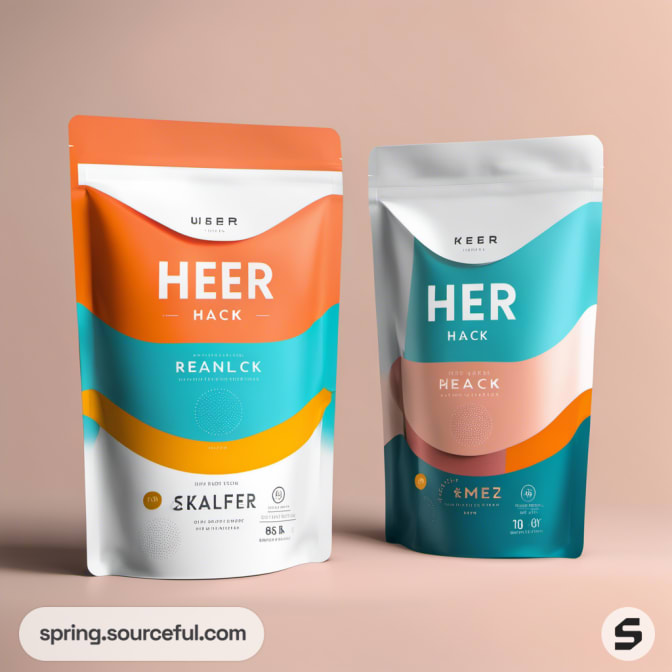Two resealable pouches in orange and teal with abstract designs.
