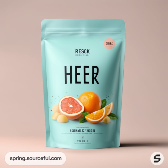 Teal resealable pouch with citrus fruits illustration and minimalist design.