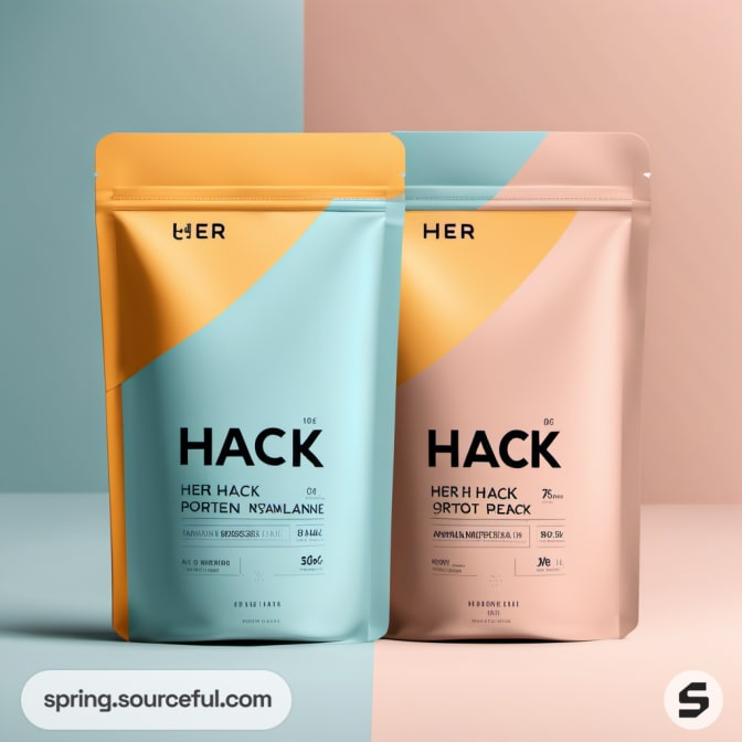 Two resealable pouches in yellow and peach with bold typography.