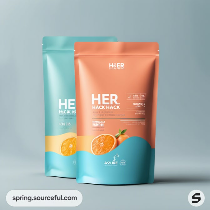 Two resealable pouches with citrus imagery and teal, peach color scheme.