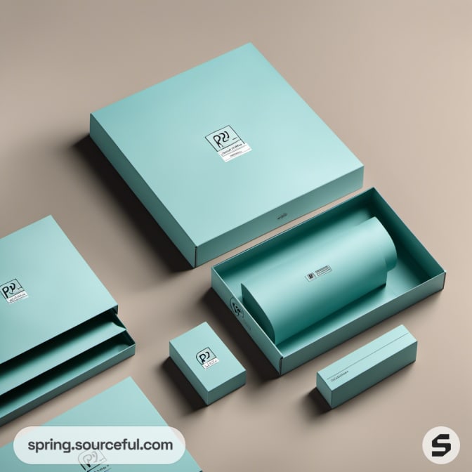 Turquoise and beige packaging set with boxes and a cylinder.