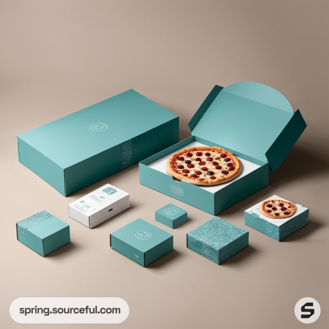Turquoise pizza boxes with an open lid showing pizza.