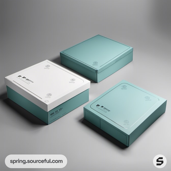 Three turquoise and white flat-pack boxes with modern design.