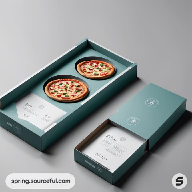 Open turquoise box displaying two pizzas inside.