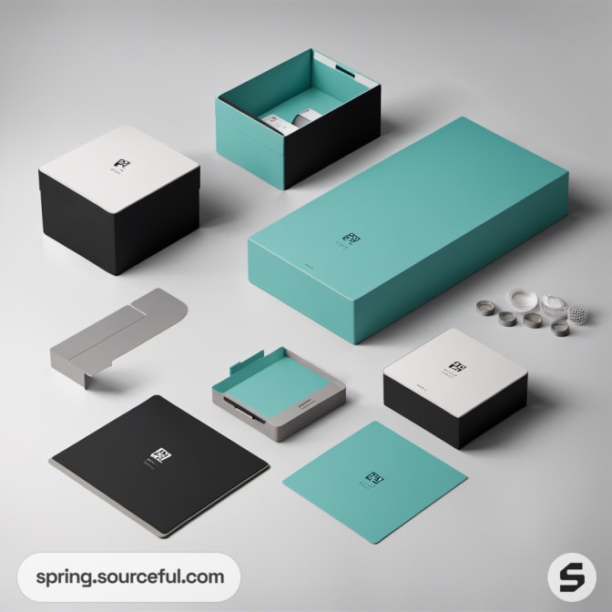 Collection of turquoise and black minimalist boxes.