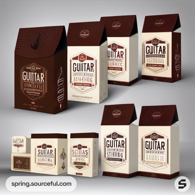 Vintage guitar-themed packaging with brown and white tones.