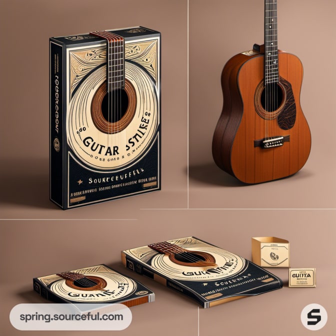 Guitar-shaped packaging with strings illustration on front.