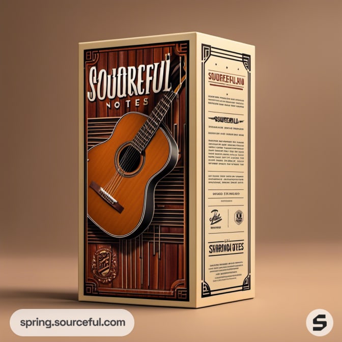 Retro-style box with guitar illustration and detailed text.