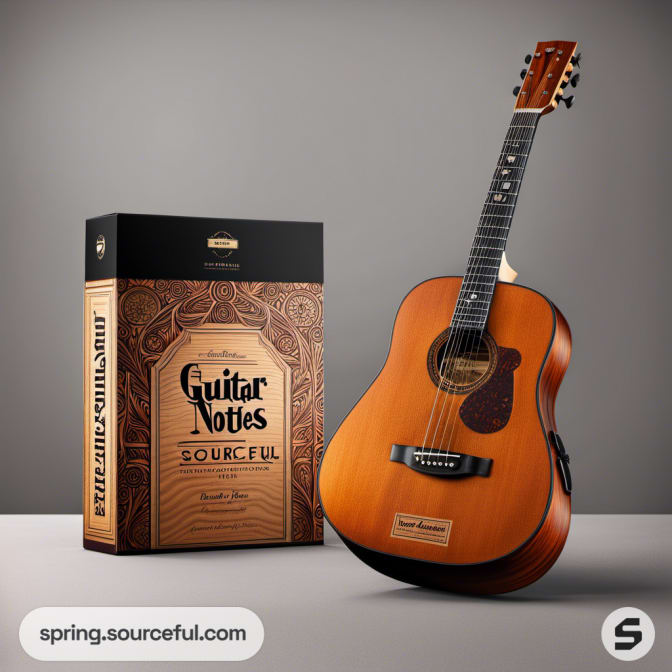 Guitar packaging with ornate design in brown and gold.