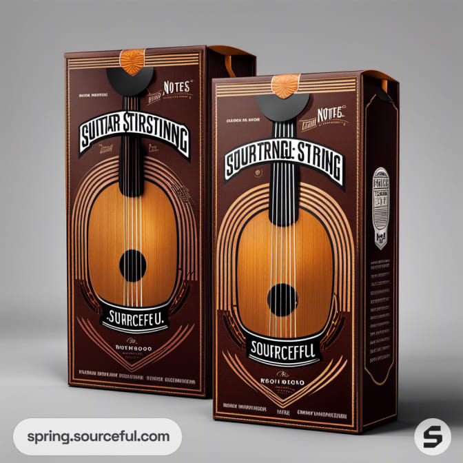 Brown guitar string box with bold graphic design.