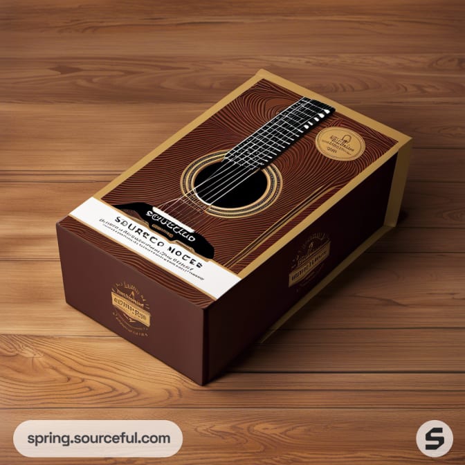 Guitar-themed box with fine wood texture and string graphics.