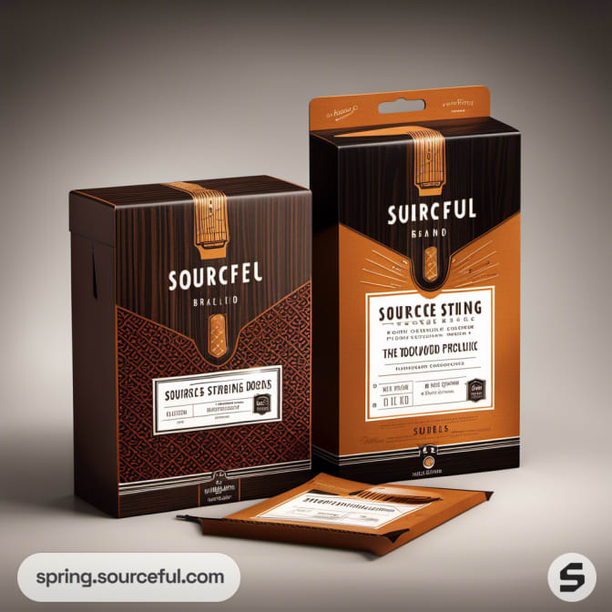 Guitar string packaging in brown with textured pattern.