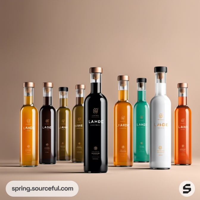 Assorted tall glass bottles with metallic caps on a beige background.